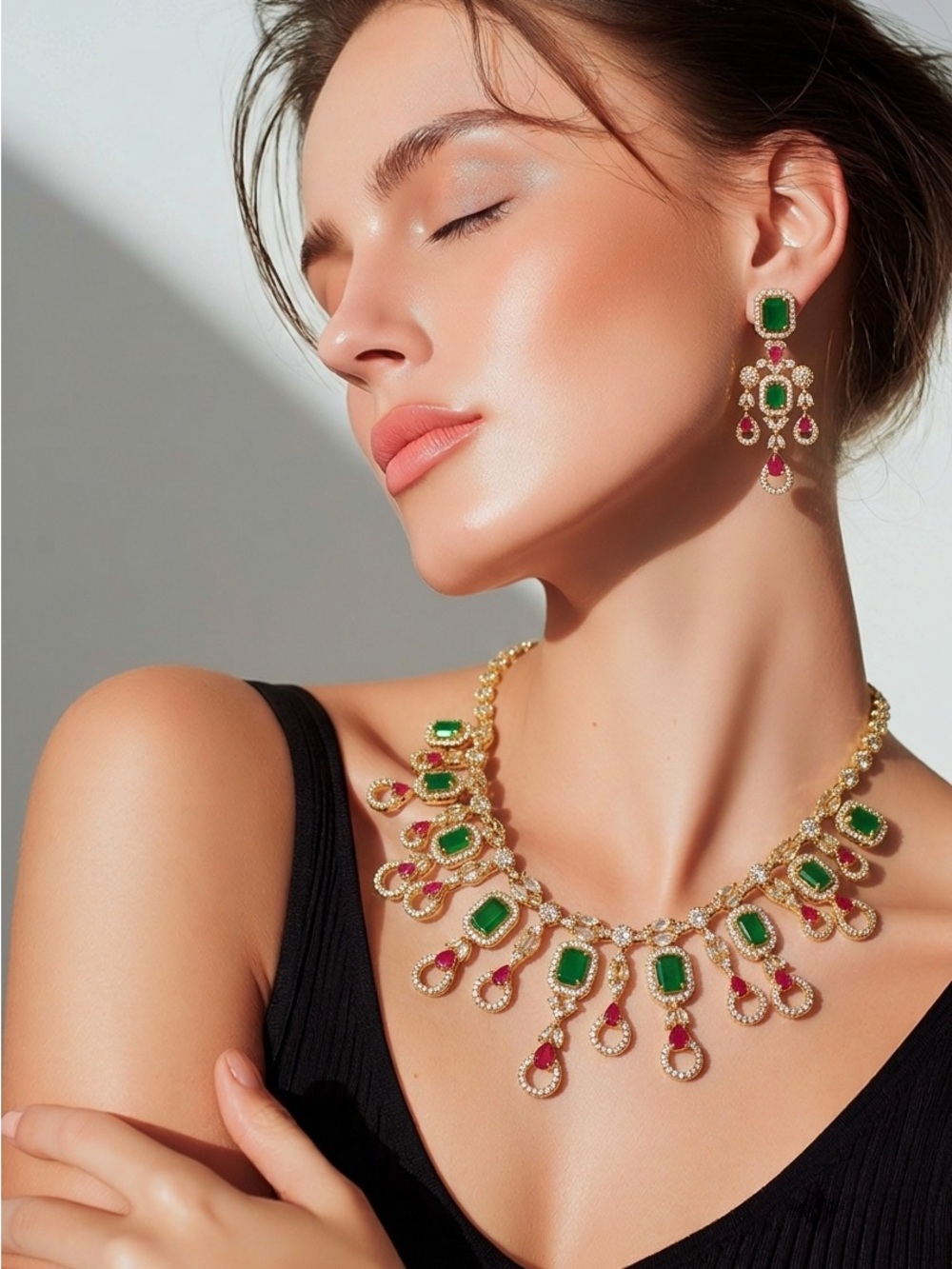 Elegant Green and Pink Gold-Plated Statement Necklace & Earring Set